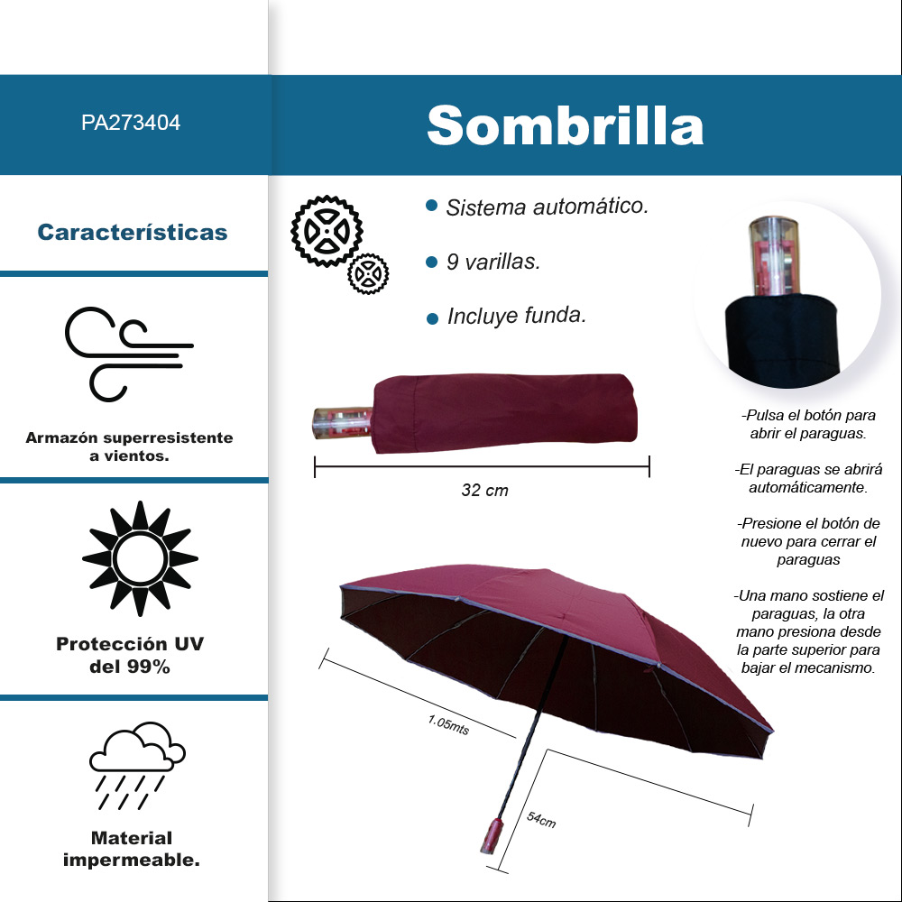 Foto 3 pulgar | Sombrilla Automática Con Protección Uv Y Tela Impermeable De 9 Varillas Rojo