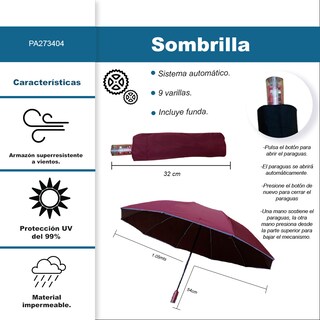 Foto 2 | Sombrilla Automática Con Protección Uv Y Tela Impermeable De 9 Varillas Rojo