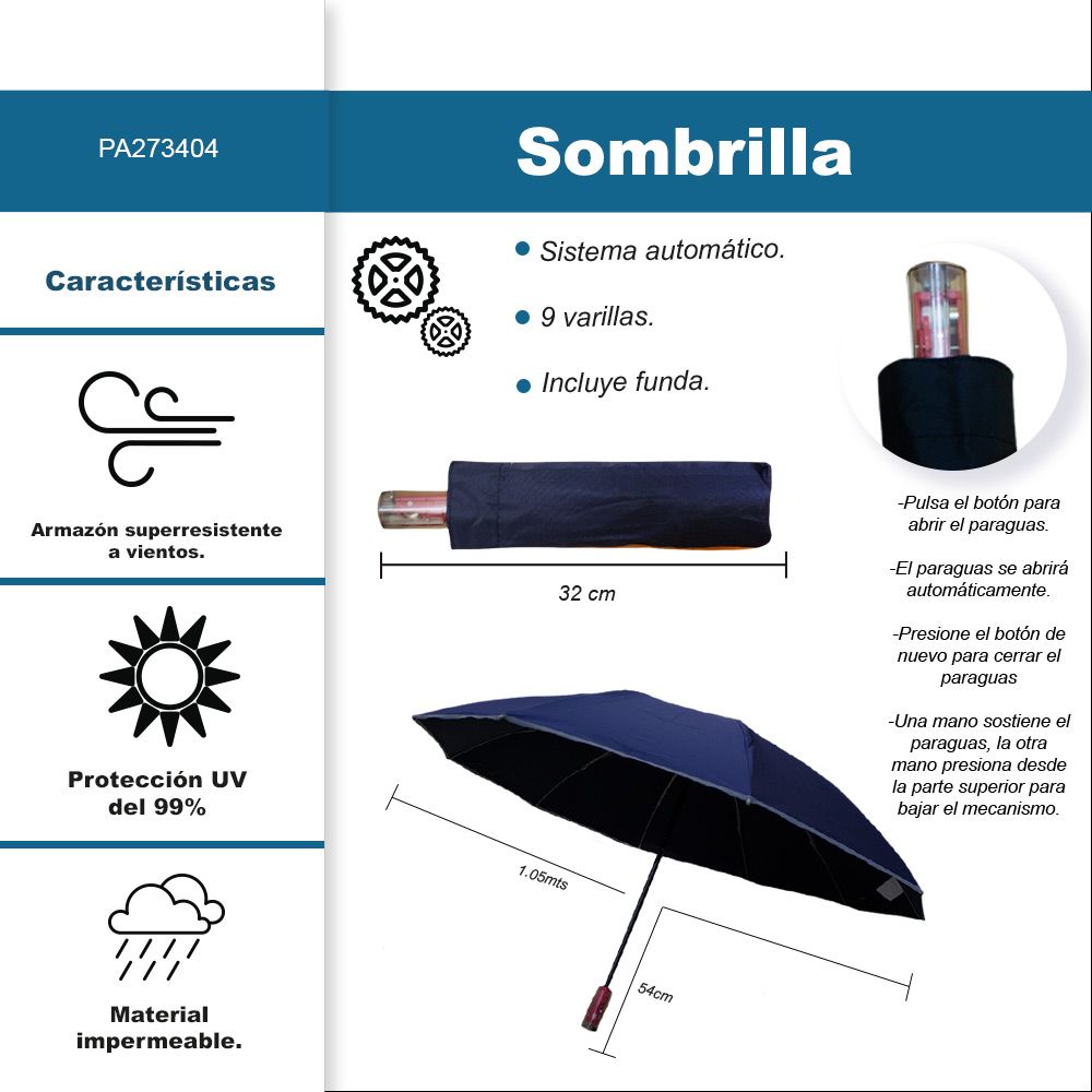 Foto 3 pulgar | Sombrilla Automática Con Protección Uv Y Tela Impermeable De 9 Varillas Azul