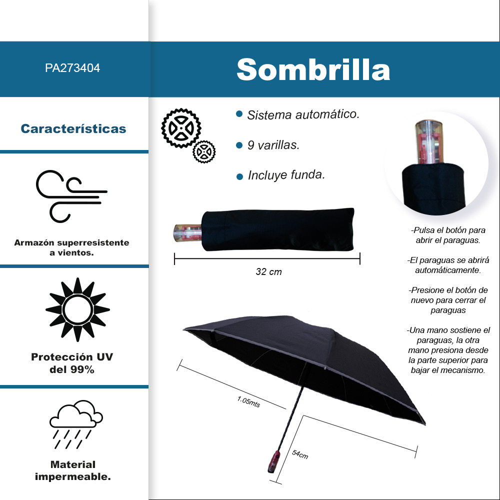 Foto 3 pulgar | Sombrilla Automática Con Protección Uv Y Tela Impermeable De 9 Varillas Negro