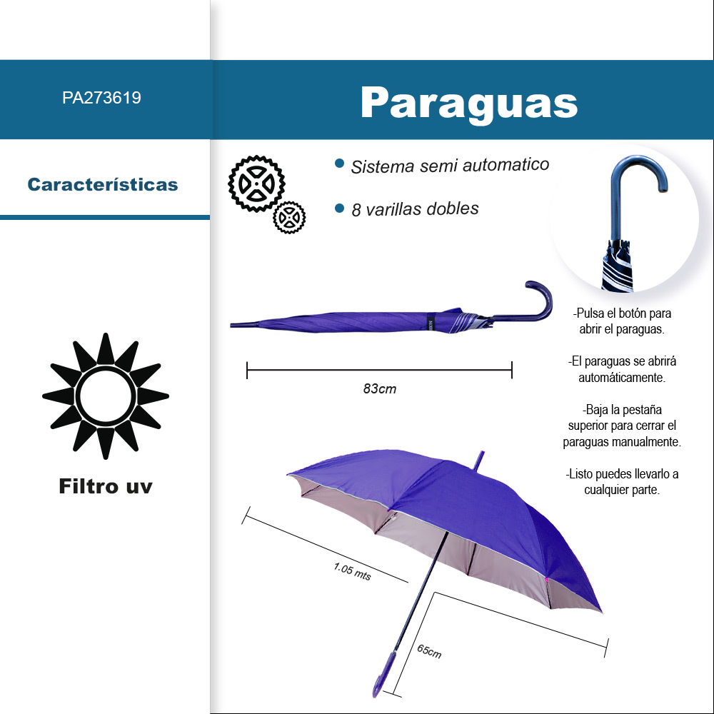 Foto 3 pulgar | Paraguas Tipo Bastón Filtro Uv 8 Varillas Doble Semiautomático Color Azul