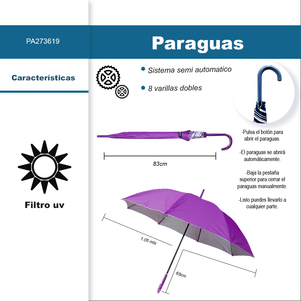 Foto 3 pulgar | Paraguas Tipo Bastón Filtro Uv 8 Varillas Doble Semiautomático Color Morado