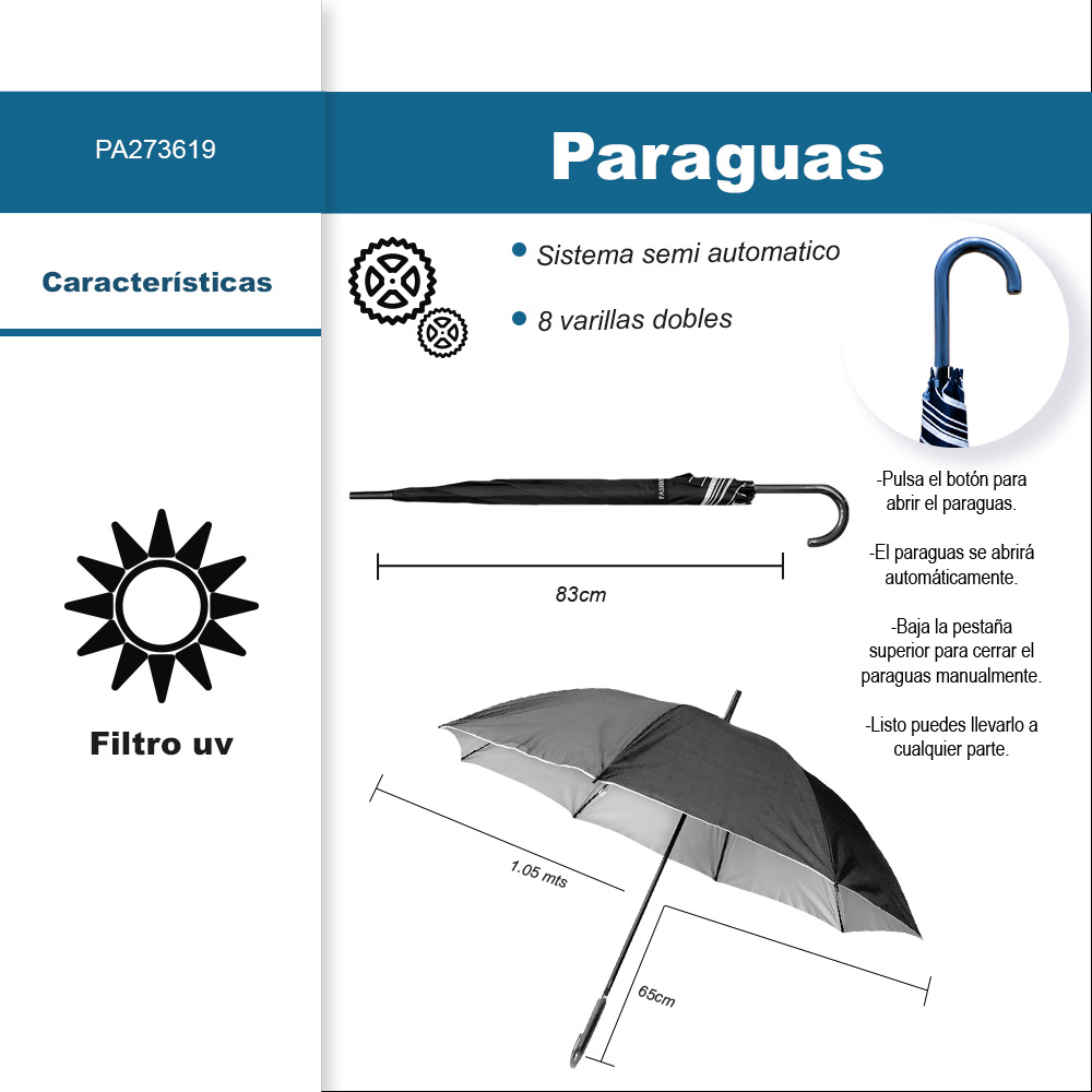 Foto 2 | Paraguas Tipo Bastón Filtro Uv 8 Varillas Doble Semiautomático Color Negro