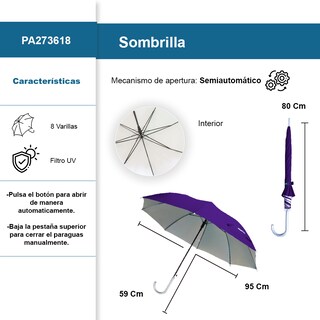 Foto 2 | Paraguas Tipo Bastón Filtro Uv 8 Varillas Reforzado Semiautomático Color Morado