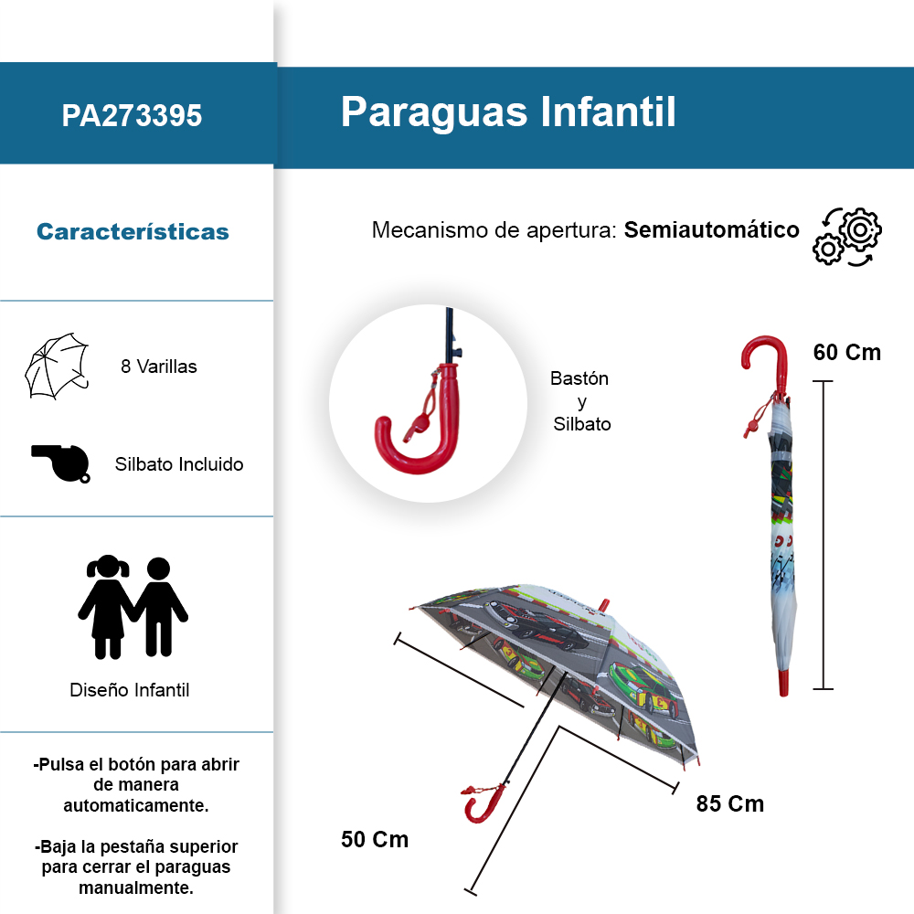Foto 3 pulgar | Paraguas Infantil Tipo Batón Semiautomático Diseño De Autos Con Silbato