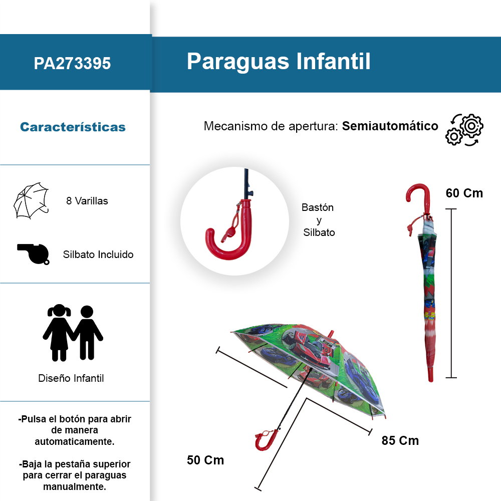 Foto 3 pulgar | Paraguas Infantil Tipo Batón Semiautomático Diseño De Autos Con Silbato