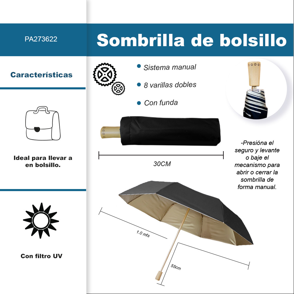 Foto 3 pulgar | Sombrilla Manual De Bolsillo Filtro Uv Reforzado 8 Varillas Dobles Color Negro