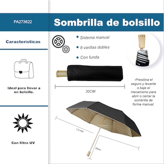 Foto 2 | Sombrilla Manual De Bolsillo Filtro Uv Reforzado 8 Varillas Dobles Color Negro