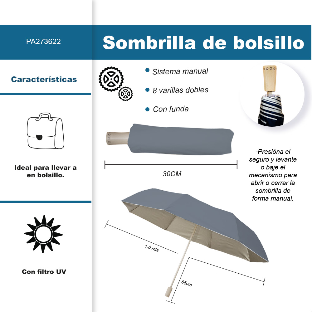 Foto 3 pulgar | Sombrilla Manual De Bolsillo Filtro Uv Reforzado 8 Varillas Dobles Color Gris