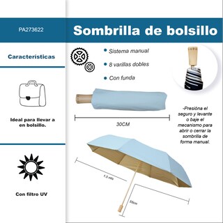 Foto 2 | Sombrilla Manual De Bolsillo Filtro Uv Reforzado 8 Varillas Dobles Color Azul