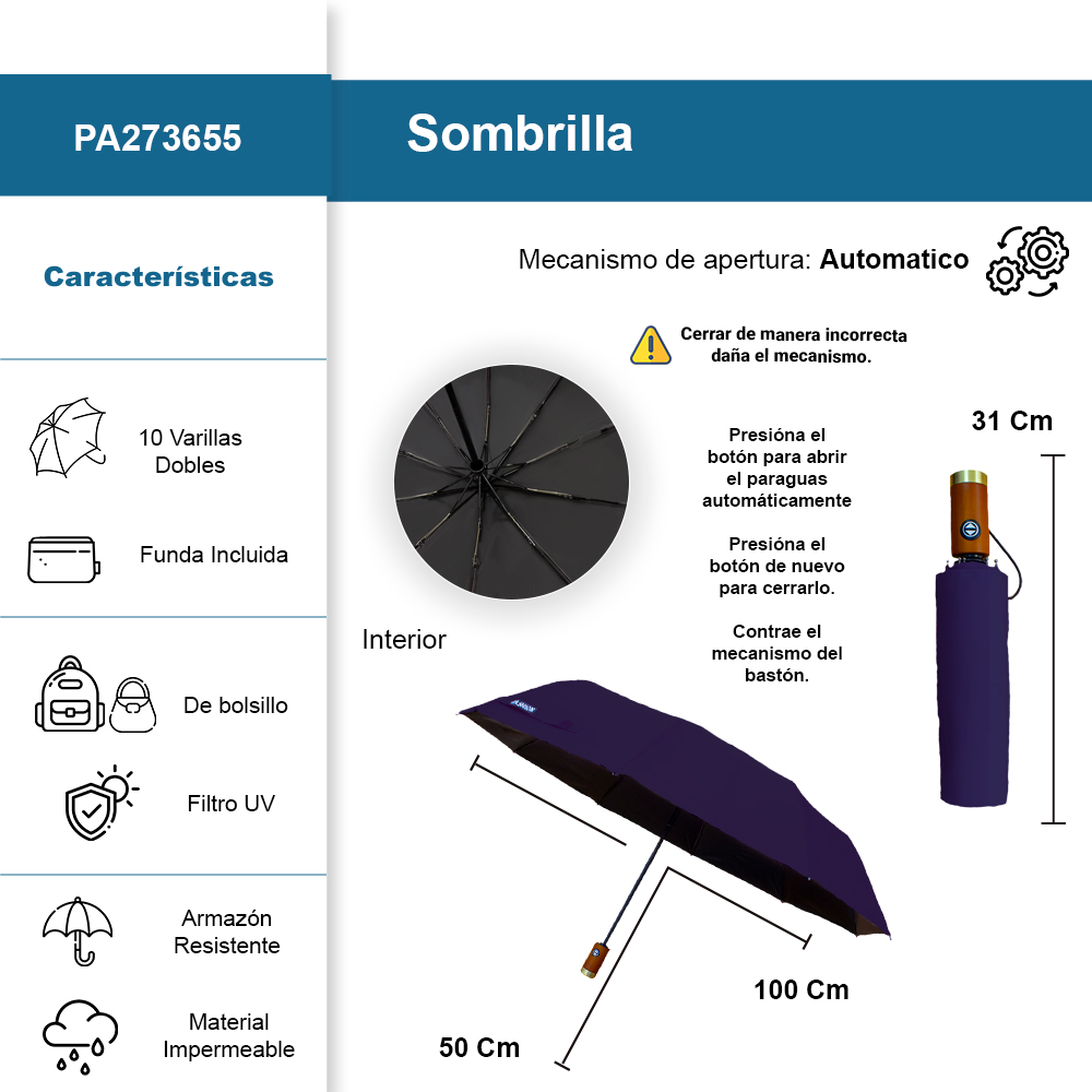 Foto 3 pulgar | Sombrilla Automática Protección Uv Tela Impermeable 10 Varillas Dobles Resistente Color Azul