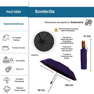 Foto 2 | Sombrilla Automática Protección Uv Tela Impermeable 10 Varillas Dobles Resistente Color Azul