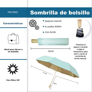 Foto 2 | Sombrilla Manual De Bolsillo Filtro Uv Reforzado 8 Varillas Dobles Color Menta