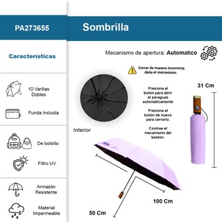 Foto 2 | Sombrilla Automática Protección Uv Tela Impermeable 10 Varillas Dobles Resistente Color Lila