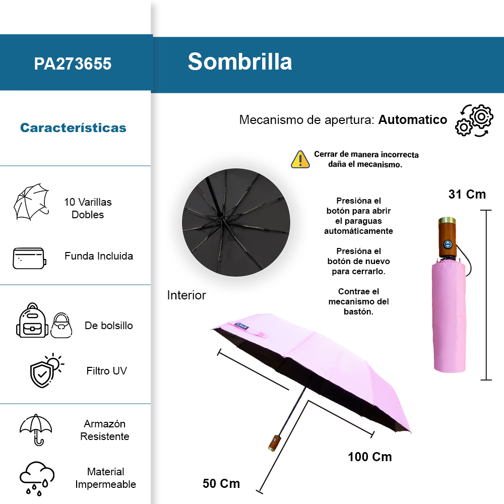 Foto 3 pulgar | Sombrilla Automática Protección Uv Tela Impermeable 10 Varillas Dobles Resistente Color Rosa