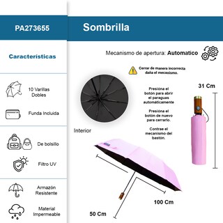 Foto 2 | Sombrilla Automática Protección Uv Tela Impermeable 10 Varillas Dobles Resistente Color Rosa