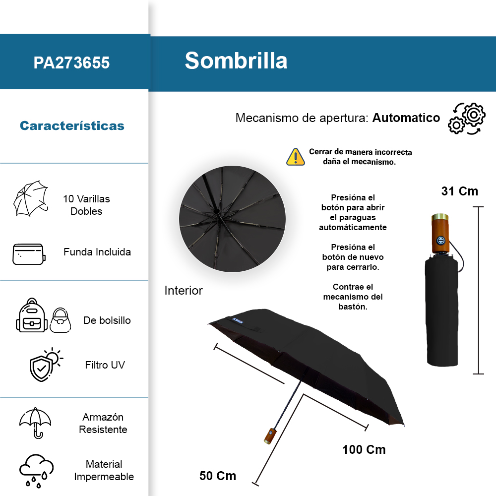 Foto 3 pulgar | Sombrilla Automática Protección Uv Tela Impermeable 10 Varillas Dobles Resistente Color Negro