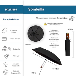 Foto 2 | Sombrilla Automática Protección Uv Tela Impermeable 10 Varillas Dobles Resistente Color Negro