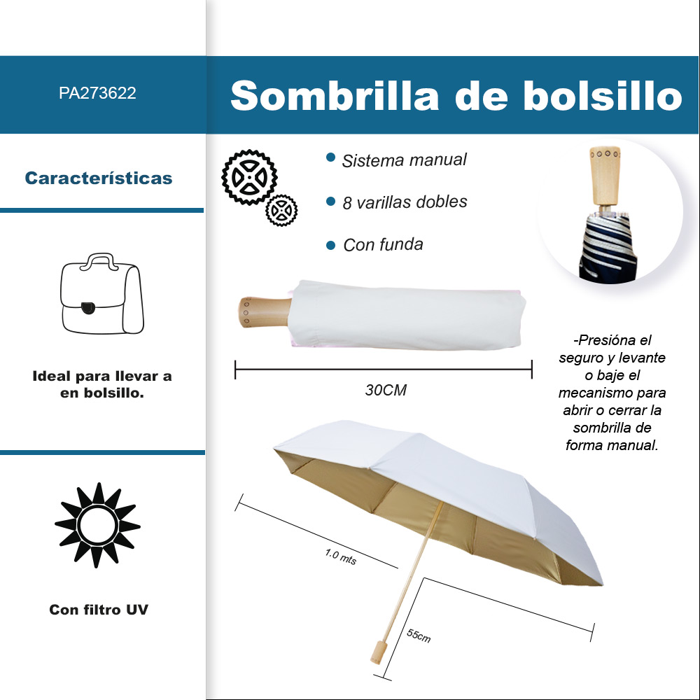 Foto 2 | Sombrilla Manual De Bolsillo Filtro Uv Reforzado 8 Varillas Dobles Color Blanco