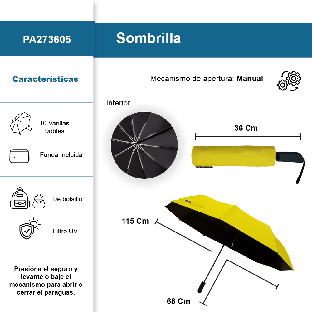 Foto 3 pulgar | Sombrilla Manual De Bolsillo Filtro Uv Resistente 10 Varillas Dobles Color Amarillo