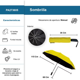 Foto 2 | Sombrilla Manual De Bolsillo Filtro Uv Resistente 10 Varillas Dobles Color Amarillo