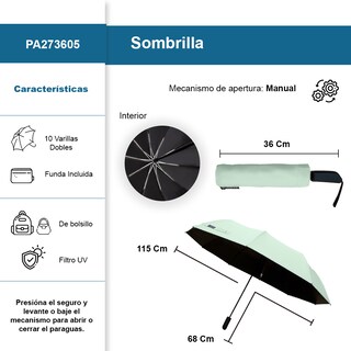 Foto 2 | Sombrilla Manual De Bolsillo Filtro Uv Resistente 10 Varillas Dobles Color Menta