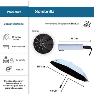 Foto 2 | Sombrilla Manual De Bolsillo Filtro Uv Resistente 10 Varillas Dobles Color Azul Claro