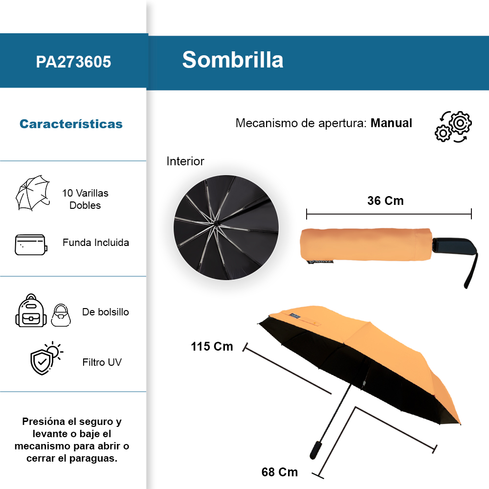 Foto 3 pulgar | Sombrilla Manual De Bolsillo Filtro Uv Resistente 10 Varillas Dobles Color Salmon