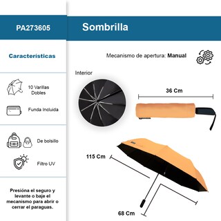 Foto 2 | Sombrilla Manual De Bolsillo Filtro Uv Resistente 10 Varillas Dobles Color Salmon