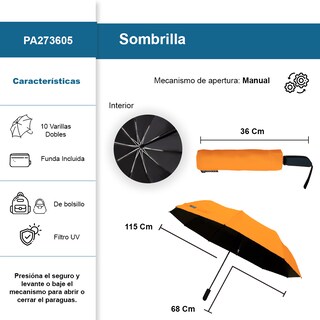 Foto 2 | Sombrilla Manual De Bolsillo Filtro Uv Resistente 10 Varillas Dobles Color Naranja