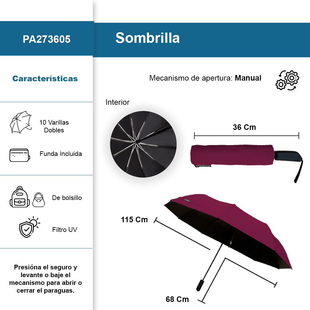Foto 3 pulgar | Sombrilla Manual De Bolsillo Filtro Uv Resistente 10 Varillas Dobles Color Vino