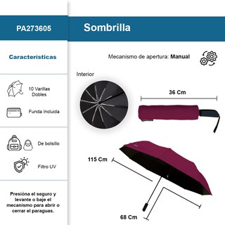 Foto 2 | Sombrilla Manual De Bolsillo Filtro Uv Resistente 10 Varillas Dobles Color Vino