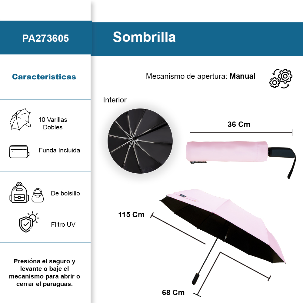 Foto 3 pulgar | Sombrilla Manual De Bolsillo Filtro Uv Resistente 10 Varillas Dobles Color Rosa Claro