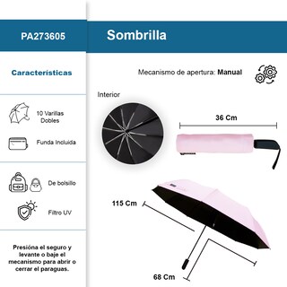 Foto 2 | Sombrilla Manual De Bolsillo Filtro Uv Resistente 10 Varillas Dobles Color Rosa Claro