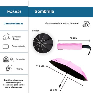 Foto 2 | Sombrilla Manual De Bolsillo Filtro Uv Resistente 10 Varillas Dobles Color Rosa
