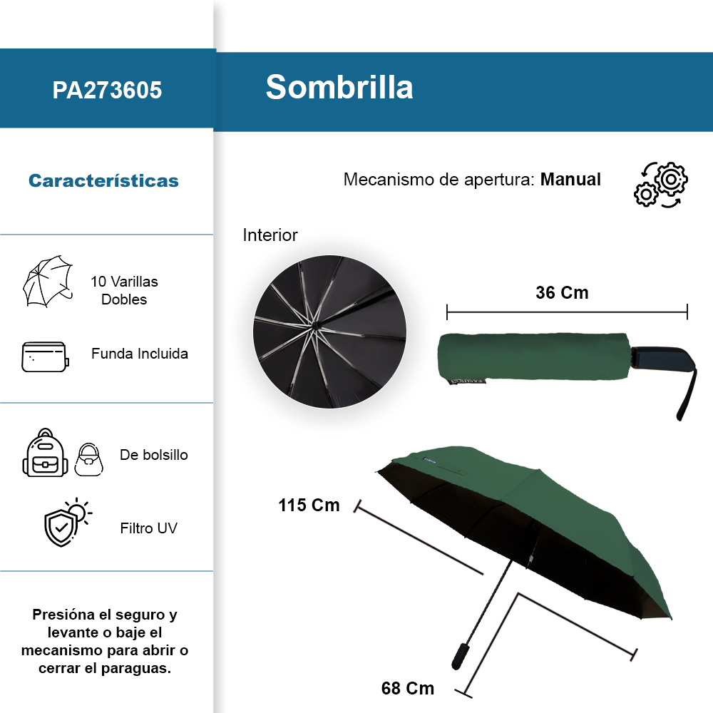 Foto 3 pulgar | Sombrilla Manual De Bolsillo Filtro Uv Resistente 10 Varillas Dobles Color Verde