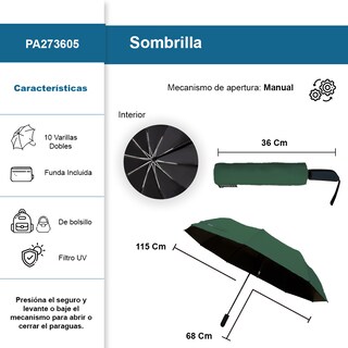 Foto 2 | Sombrilla Manual De Bolsillo Filtro Uv Resistente 10 Varillas Dobles Color Verde