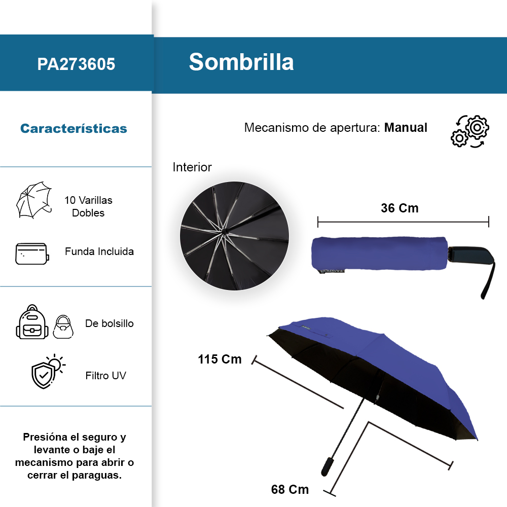 Foto 3 pulgar | Sombrilla Manual De Bolsillo Filtro Uv Resistente 10 Varillas Dobles Color Azul