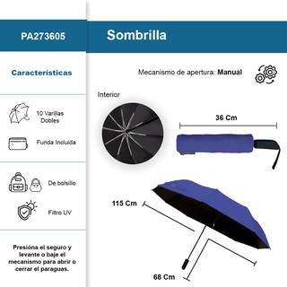 Foto 2 | Sombrilla Manual De Bolsillo Filtro Uv Resistente 10 Varillas Dobles Color Azul