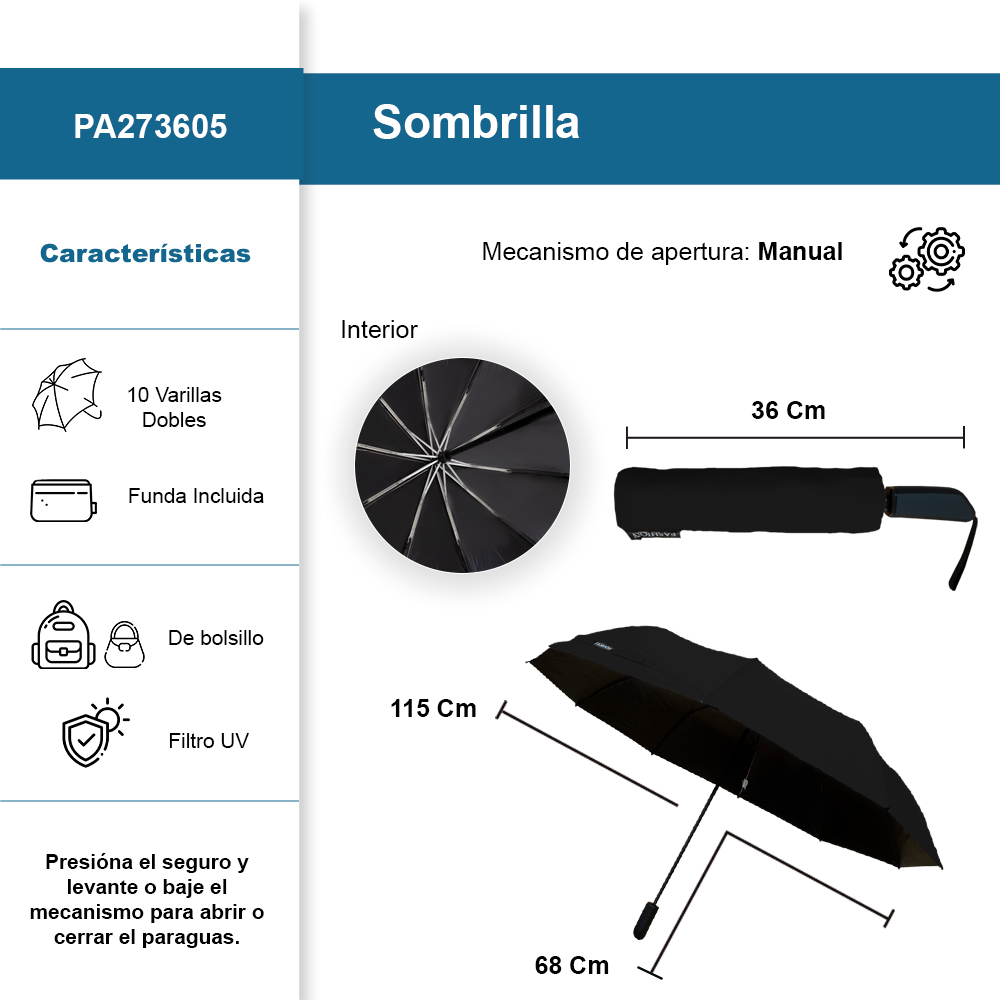 Foto 3 pulgar | Sombrilla Manual De Bolsillo Filtro Uv Resistente 10 Varillas Dobles Color Negro