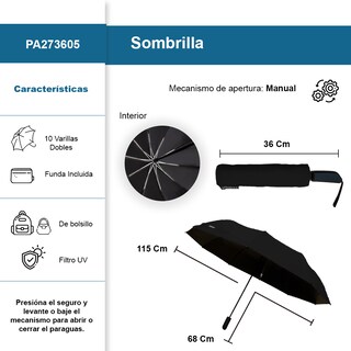 Foto 2 | Sombrilla Manual De Bolsillo Filtro Uv Resistente 10 Varillas Dobles Color Negro