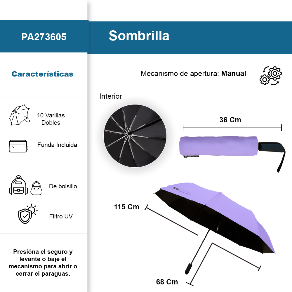 Foto 3 pulgar | Sombrilla Manual De Bolsillo Filtro Uv Resistente 10 Varillas Dobles Color Morado