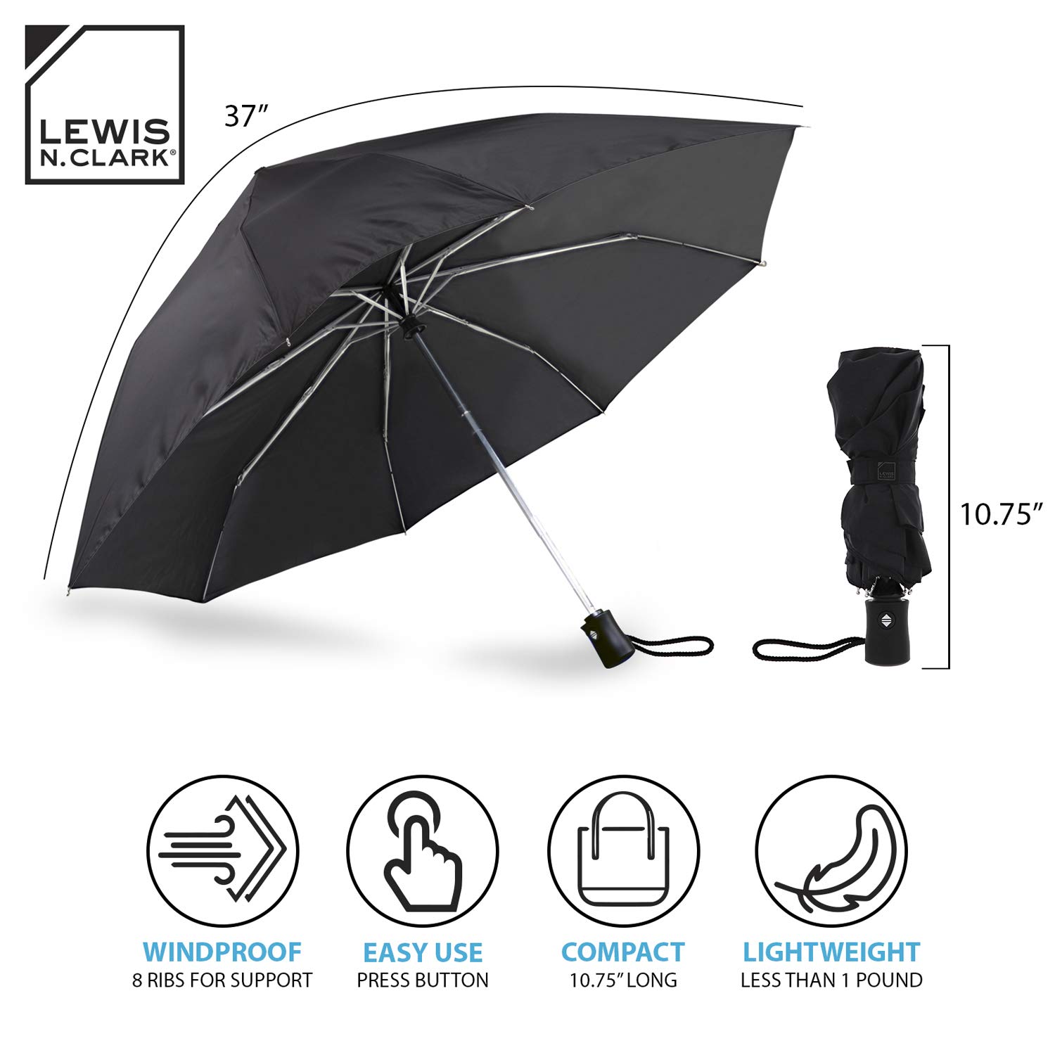 Foto 4 pulgar | Paraguas De Viaje Lewis N. Clark, Impermeable Y Resistente Al Viento - Venta Internacional.