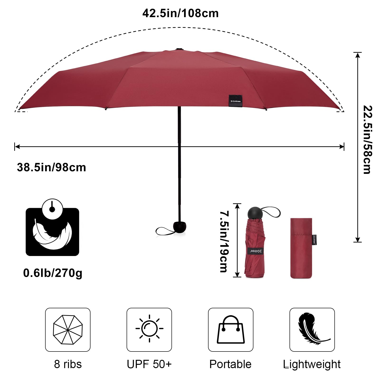 Foto 6 pulgar | Umbrella G4free Compact Travel Upf 50+ Con Protección Uv, Color Rojo Vino - Venta Internacional.