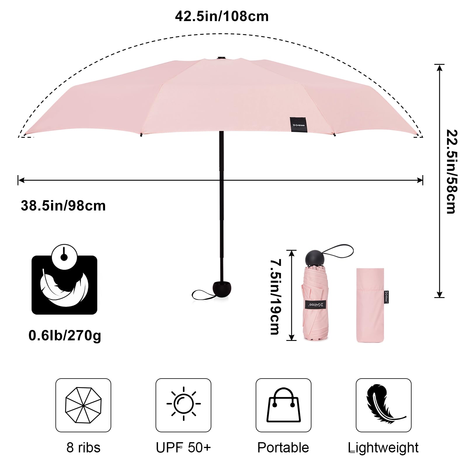 Foto 5 | Paraguas G4free Compact Travel Upf 50+ Con Protección Uv, Color Rosa - Venta Internacional.
