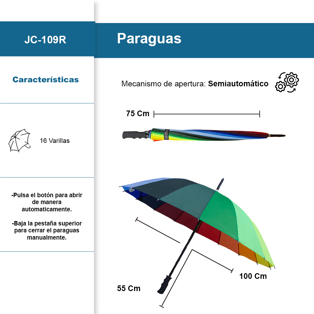 Foto 2 | Paraguas Sombrilla Semiautomática Multicolor Arcoiris 100 Cm