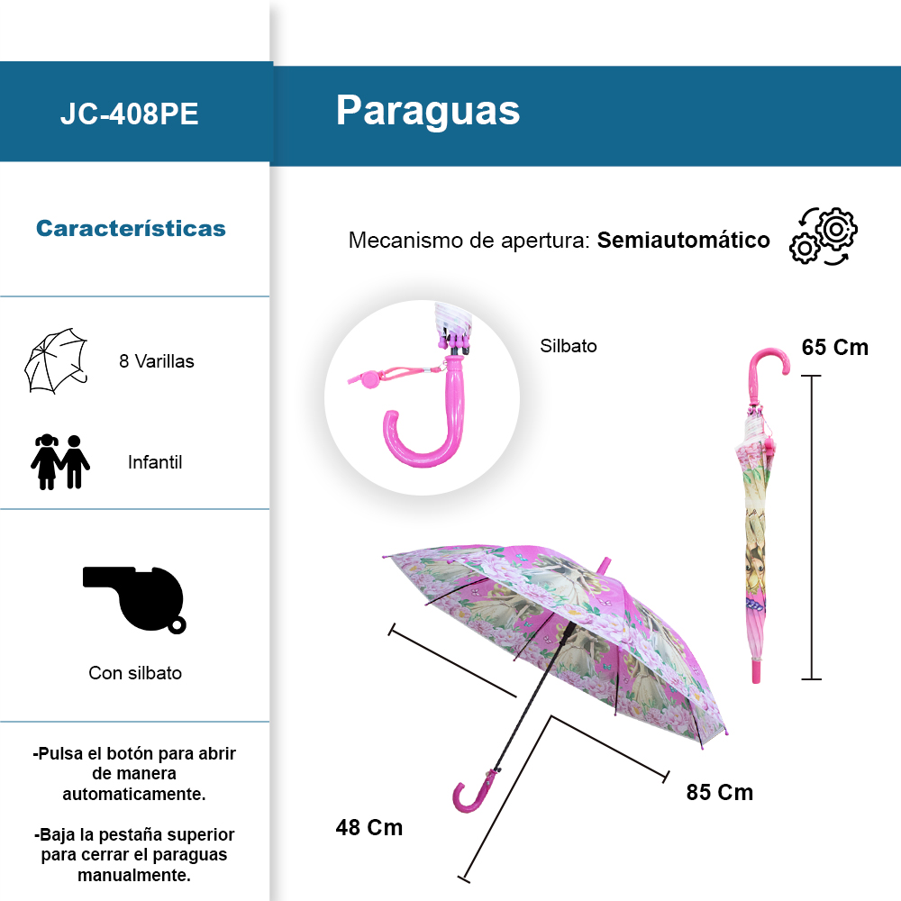 Foto 3 pulgar | Paraguas Infantil Diseño De Princesas Sombrilla Con Silbato