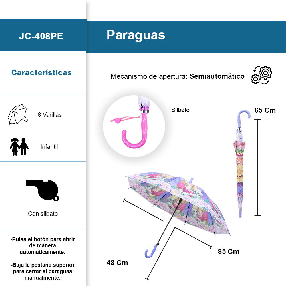 Foto 3 pulgar | Paraguas Infantil Diseño De Princesas Sombrilla Con Silbato