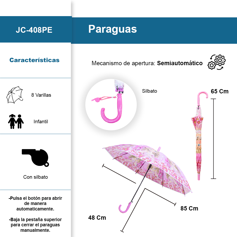 Foto 3 pulgar | Paraguas Infantil Diseño De Princesas Sombrilla Con Silbato