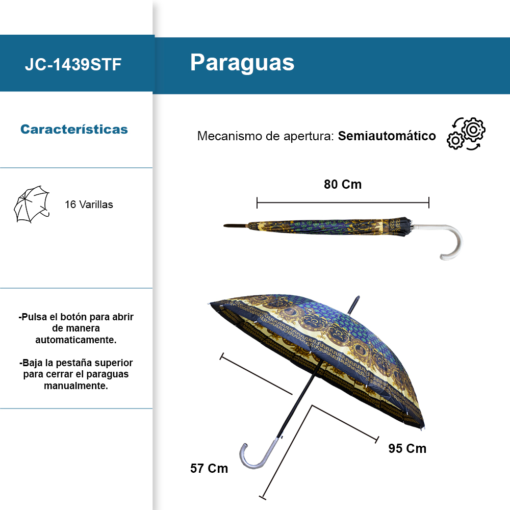 Foto 2 | Paraguas Sombrilla Clásica Semiautomática Plegable De Bastón